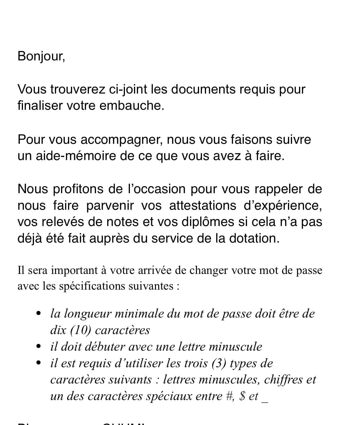 Lettre d'embauche officielle
